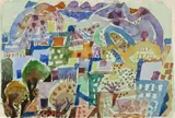 Eduard Bargheer, Houses and Mountain II, Watercolour on ivory coloured machine-made laid paper with watermark "Marioni"