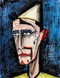 Bernard Buffet, Clown fond bleu., Mixed media (tempera, watercolour and ink over pencil drawing) on sturdy white cardboard