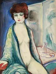 Alois Erbach, Female Nude before a Mirror. Verso: Elegant Couple, Doubled sided watercolour, each over pencil on lightly textured watercolour paper