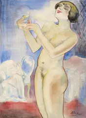 Alois Erbach, Standing Female Nude, perfuming herself, Watercolour over pencil on textured watercolour paper