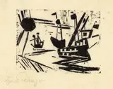 Lyonel Feininger, Ships and Sun, Woodcut on thin Japanese laid paper