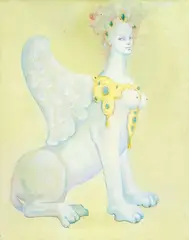Sphinx by Léonor Fini, Mixed media on paper with the embossed stamp "VERITABLE PAPIER D' ARCHES" and the watermark "Arches FRANCE", laid down o, sold Dec 2008
