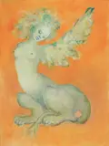 Léonor Fini, Sphinx, Mixed media on paper with embossed stamp "VERITABLE PAPIER D' ARCHES," laid down on canvas