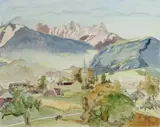 Mountain Village by Erich Heckel, Watercolour over brown crayon drawing on ivory coloured wove paper, sold Dec 2008