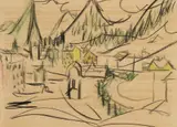 View of Davos by Ernst Ludwig Kirchner, Colour crayon on simple light brown drawing paper, sold Dec 2008