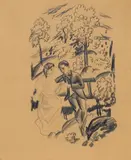 August Macke, Liebersppar mit Hund (Lovers with Dog), Pencil drawing on brownish paper