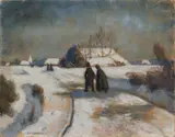 Otto Modersohn, Winter Landscape with Church Goers, Oil on cardboard