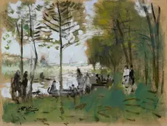 Pierre Eugène Montézin, Bord de Rivière, Gouache and black crayon on chamois coloured textured wove paper