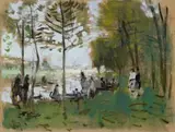Pierre Eugène Montézin, Bord de Rivière, Gouache and black crayon on chamois coloured textured wove paper