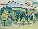 Landscape with blue Mountain by Gabriele Münter, Oil on ivory coloured paper laid down on cardboard, sold Dec 2008