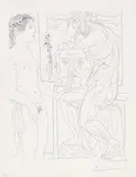 Pablo Picasso, Femme laide devant la sculpture d'une Marie-Thérèse athlétique appuyée sur un autoportrait du sculpteur, Etching on Montval laid paper with watermark "Vollard"