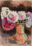Red and white Dahlias in a Clay Vase by Karl Schmidt-Rottluff, Brush and ink with lavis, extentively worked over with colour oil crayons, on ivory coloured laid paper, sold Dec 2008