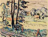 Landscape with Houses by Karl Schmidt-Rottluff, Colour crayon and brush and ink on smooth, chamois coloured paper, sold Dec 2008
