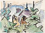 Haus zwischen Bäumen (House among Trees) by Karl Schmidt-Rottluff, Colour crayon and brush and ink on chamois coloured, lightly textured drawing paper, sold Dec 2008