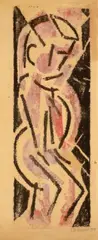 Franz Wilhelm Seiwert, Standing Figure with bent Head, Colour woodcut in red and black on thin, ivory coloured transparent paper