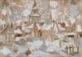 Eberhard Viegener, Dorf im Schnee (Village in Snow), Oil on fiberboard