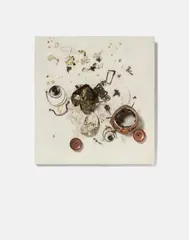 Arman, Dream All Shot, Collage from pieces of metal, printed cardboard and glass splinters on wood painted white