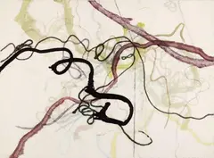 John Cage, Untitled (Strings), Impression of cord soaked in colour and watercolour on heavy, chamois coloured wove paper