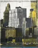 LOWER MANHATTAN WRAPPED BUILDING, PROJECT FOR 2 BROADWAY, NEW YORK by Christo, Colour lithograph with collage (fabric, string, cord) on Rives wove paper, mounted on wood, sold Dec 2008