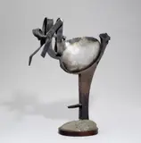 Franz Eggenschwiler, Der Hahn, der sich nach dem Winde dreht (The Rooster who turns with the Wind), Sculpture with forged iron, cast iron and sheet metall on round wooden socle
