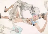 Horst Janssen, Untitled (Death and Young Woman), Watercolour, ink and pencil on chamois coloured paper