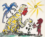 Folge und Konsequenz / Result and Consequence by A. R. Penck, Acrylic and silkscreen on canvas, sold Dec 2008