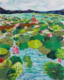 SEO, Grüner Fluss mit Boot / Green River with Boat, Acrylic, watercolour and collaged paper on canvas