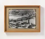 Wolf Vostell, Luftpumpenmuseum / Air Pump Museum, Metal bicycle air pump on a black and white photograph, mounted in the corners with tape onto gray cardboard, in glazed wood case