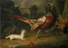 WOODED LANDSCAPE WITH PHEASENT AND WEASEL by Jakob Samuel Beck, Oil on canvas, sold Nov 2008