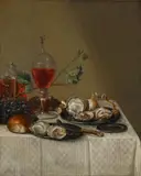 E.G. Domcke, STILL LIFE WITH GLASSES, PLATES AND OYSTER, Oil on canvas (relined)