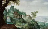 LANDSCAPE WITH RIDERS AND SHEPHERDS by Flemish School Early 17th century, Oil on panel (parquetted), sold Nov 2008
