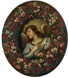 Italian School 17th century, A PAIR OF FLOWER GARLANDS WITH MARIA AND THE ANGEL OF THE ANNUNCIATION