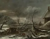 Jan van Kessel the Younger, WINTER LANDSCAPE WITH A WOODEN BRIDGE OVER A CANAL, Oil on canvas (relined)