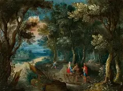 attributed to Jasper van der Lanen, LANDSCAPE WITH TRAVELLERS, Oil on copper