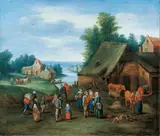 RIVER LANDSCAPE WITH FARMSTEAD AND PEASANTS by circle of Theobald Michau, Oil on canvas (relined), sold Nov 2008
