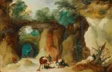 Joos de Momper and Pieter Snayers, ROCKY LANDSCAPE WITH AN AMBUSH, Oil on panel