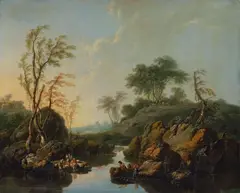 Jean-Baptiste Pillement, LANDSCAPE WITH WASHERWOMEN, FISCHERMEN AND SHEPHERDS, Oil on canvas (relined)