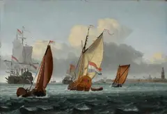 Gerrit Pompe, SEA LANDSCAPE WITH DUTCH SHIPS, Oil on panel