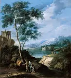 NORTH ITALIAN LANDSCAPE WITH A LADE AND FIGURES by circle of Marco Ricci, Oil on canvas (relined), sold Nov 2008