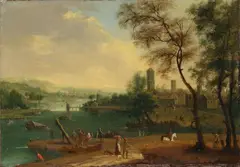 attributed to Mathys Schoevaerdts, RIVER LANDSCAPE WITH A SMALL HARBOUR AND A TOWN, Oil on canvas (relined)
