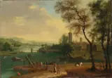 attributed to Mathys Schoevaerdts, RIVER LANDSCAPE WITH A SMALL HARBOUR AND A TOWN, Oil on canvas (relined)