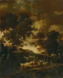 WOODED RIVER LANDSCAPE WITH CASTLE AND PEASENTS by circle of Jan Gabrielsz. Sonje, Oil on panel (parquetted), sold Nov 2008