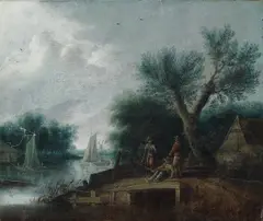 Antonie Waterloo, RIVER LANDSCAPE WITH FISHERMEN, Oil on panel