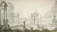 LANDSCAPE WITH PHANTASTIC ARCHITECTURE by Giuseppe Galli da Bibbiena, Pen, brown and black inks and watercolour, sold Nov 2008