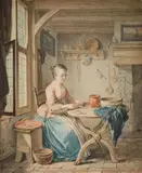 Willem Joseph Laquy, YOUNG WOMAN CLEANING FISHES, Watercolour