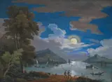 Bernard (Goupy) Lens the Younger, MOONLIT LANDSCAPE WITH HARBOUR, Gouache on velin mounted on wood. 17,5 x