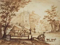 Netherlandish School circa 1700, LANDSCAPE WITH CASTLE AND SOLDIERS, Pencil and pen and brown ink, was