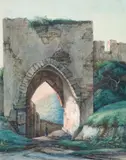 THE GATE OF CASTLE FALKENSTEIN by Christian Georg Schütz the Younger, Pen and watercolour, sold Nov 2008