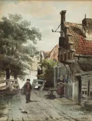 Cornelis Springer, DUTCH VILLAGE STREET WITH FIGURES, Pencil and watercolour