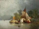 Andreas Achenbach, RIVER LANDSCAPE WITH BARGES